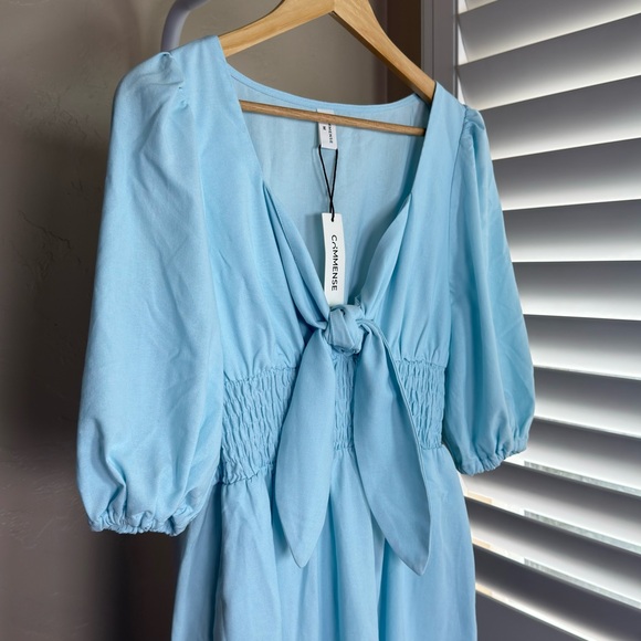 Commense Blue Linen Cotton Tie Front Midi Dress Medium Puff Sleeve NWT - Picture 5 of 10